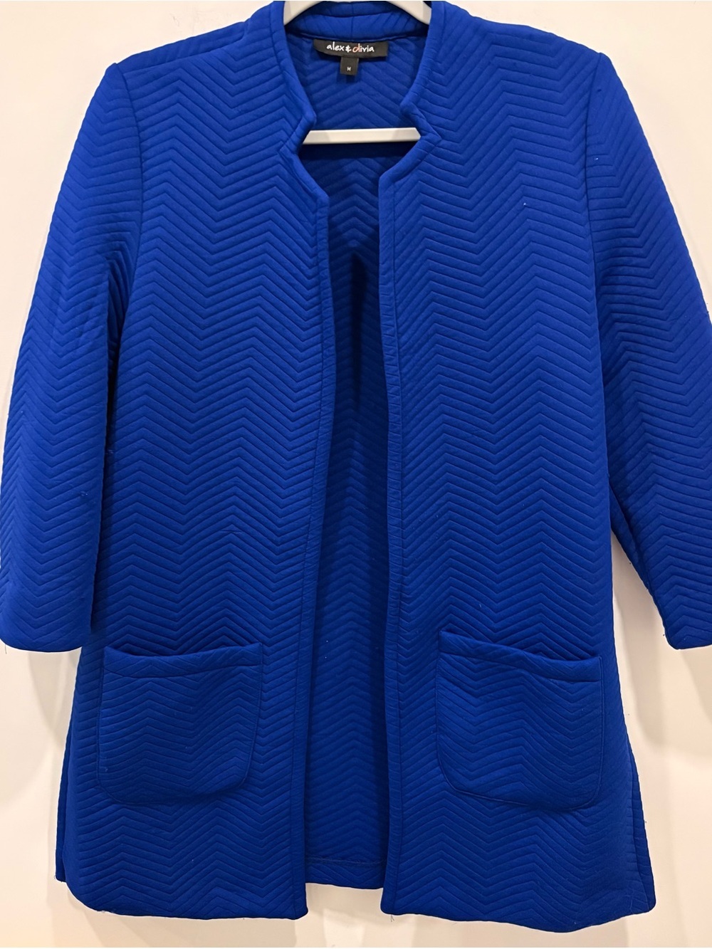 Alex & Olivia Women's
Herringbone Blue Open Front
Jacket Size M Front Pockets